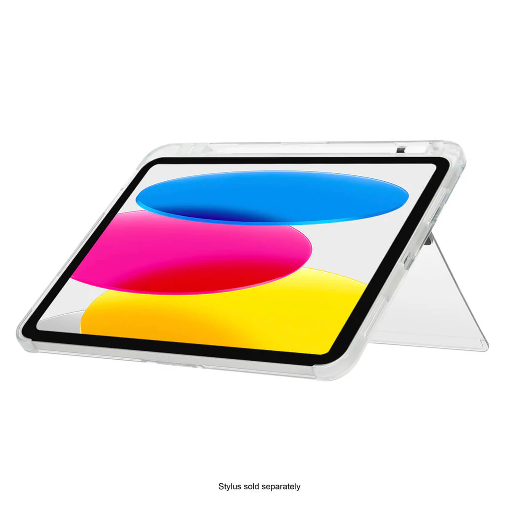 Tableta con funda protectora transparente, apoyada. Pantalla colorida con azul, rosa y amarillo.
