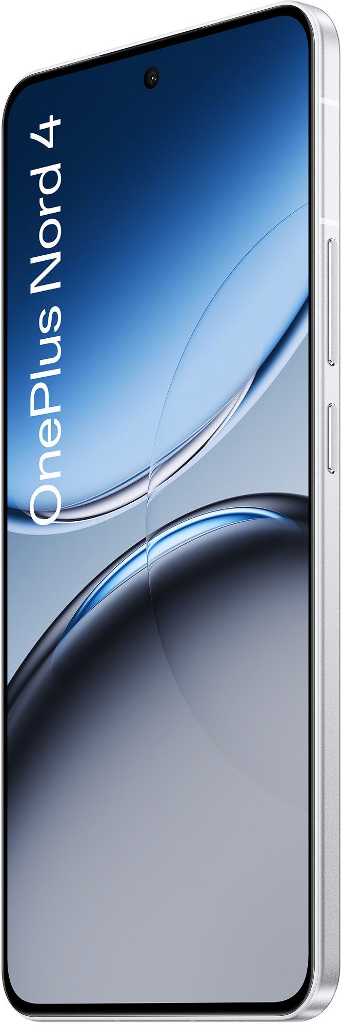 Telefon OnePlus Nord 4. Srebrna ramka z rozmytym abstrakcyjnym obrazem. Widok z boku.