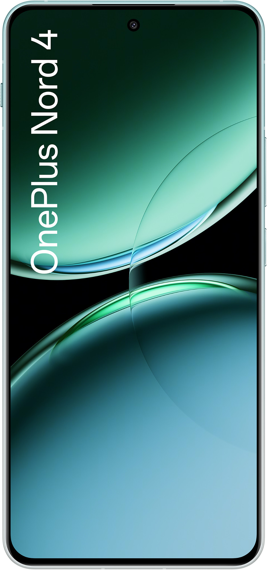 Telefon OnePlus Nord 4 z turkusowym tłem gradientowym.