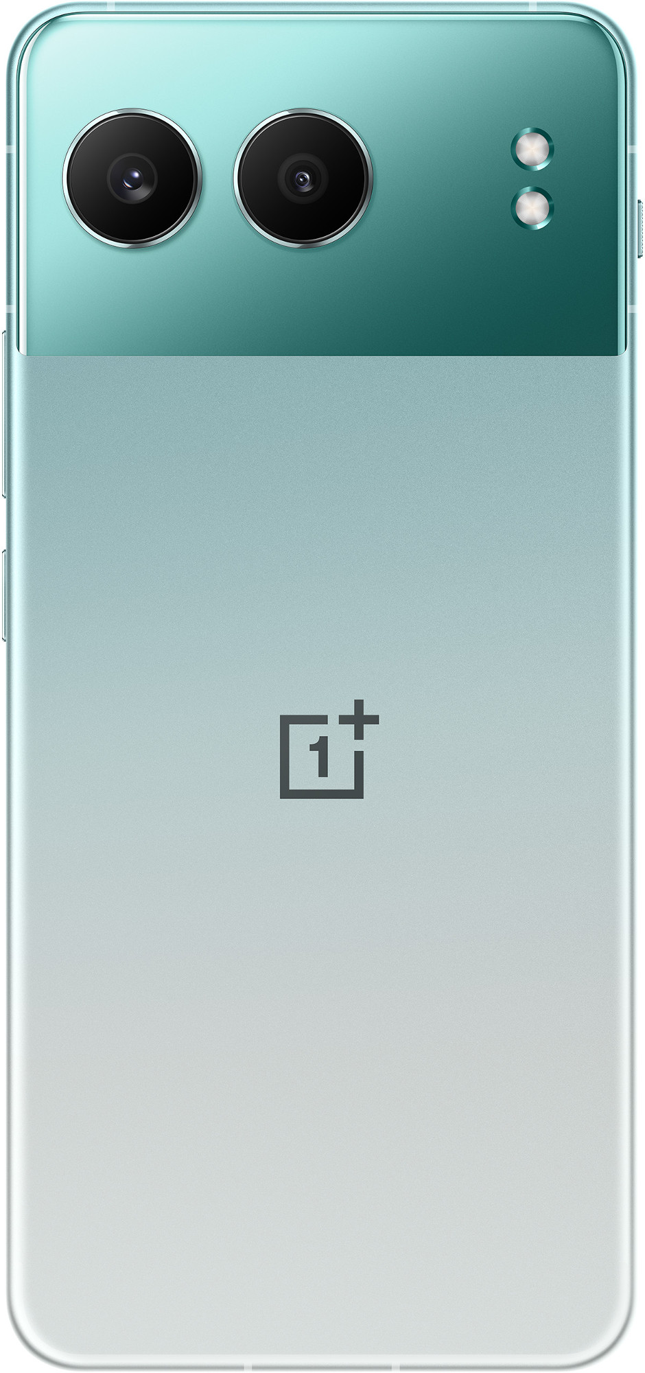 Tył turkusowego telefonu z dwoma aparatami, logo i gradientem. Ma elegancki, minimalistyczny design.