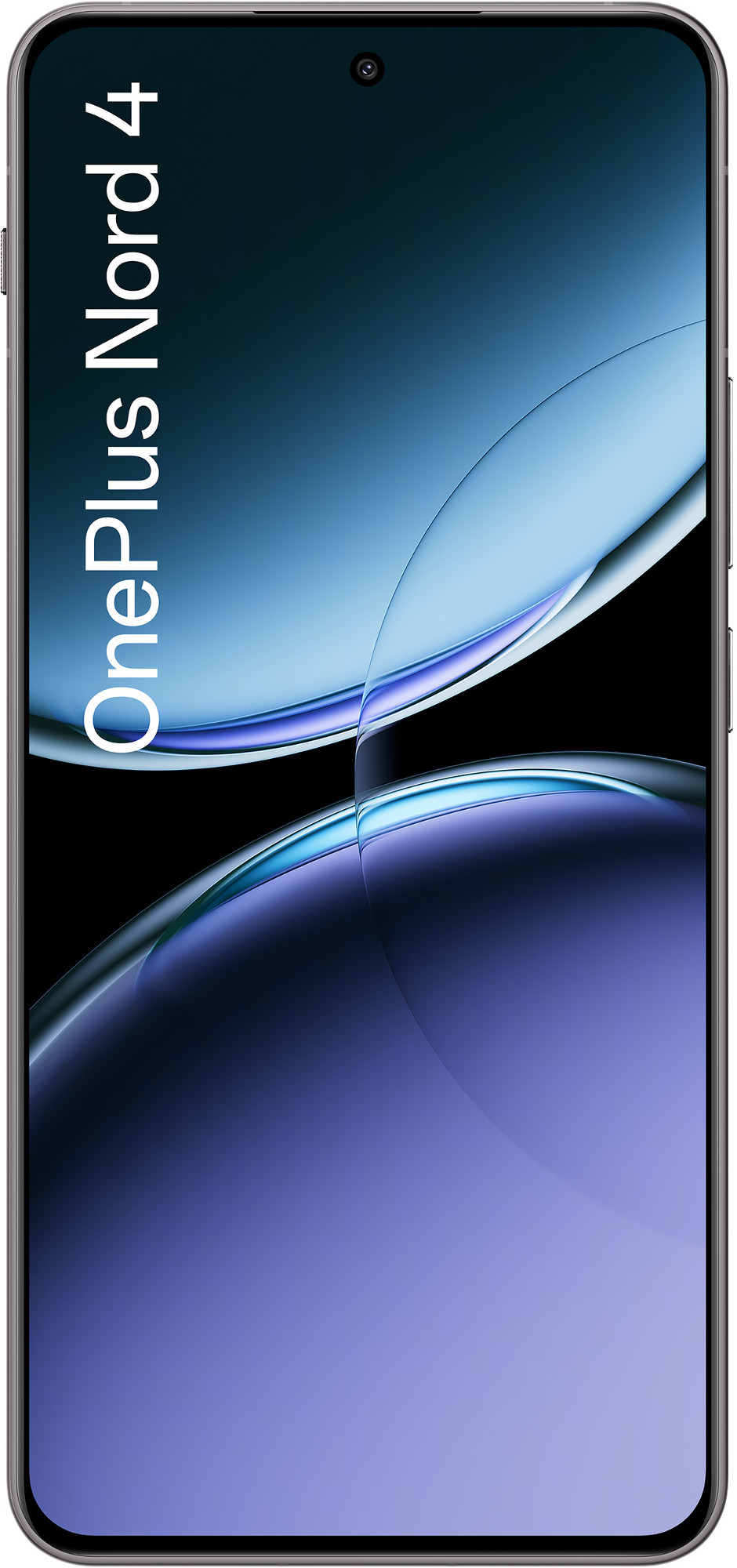 Czarny i niebieski telefon OnePlus Nord 4 wyświetlający nazwę i niebieski abstrakcyjny obraz.