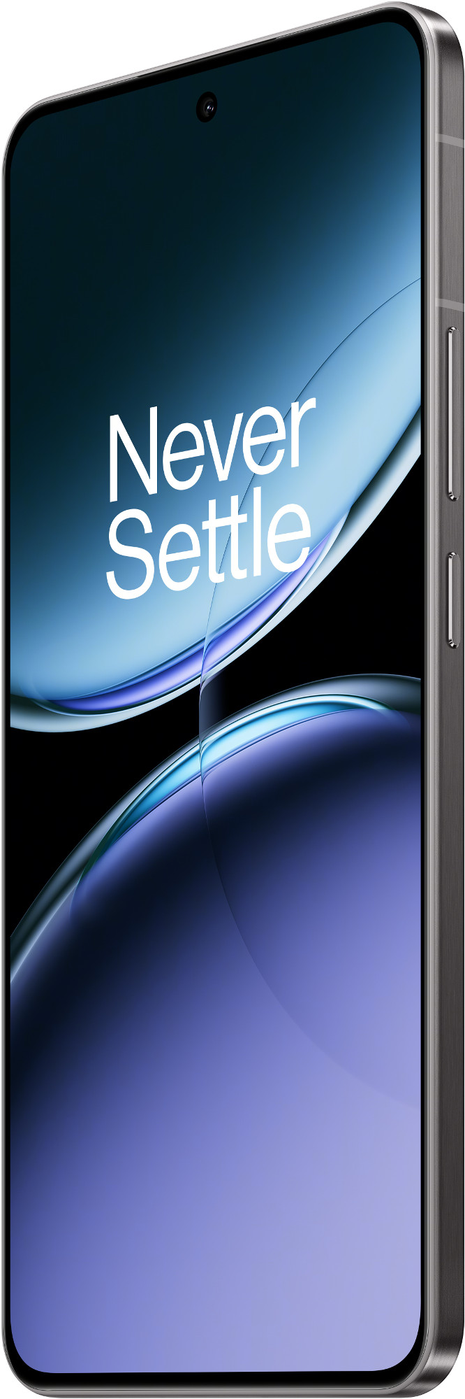 Nowoczesny smartfon, czarny i szary, z zakrzywionym ekranem i napisem 'Never Settle'.