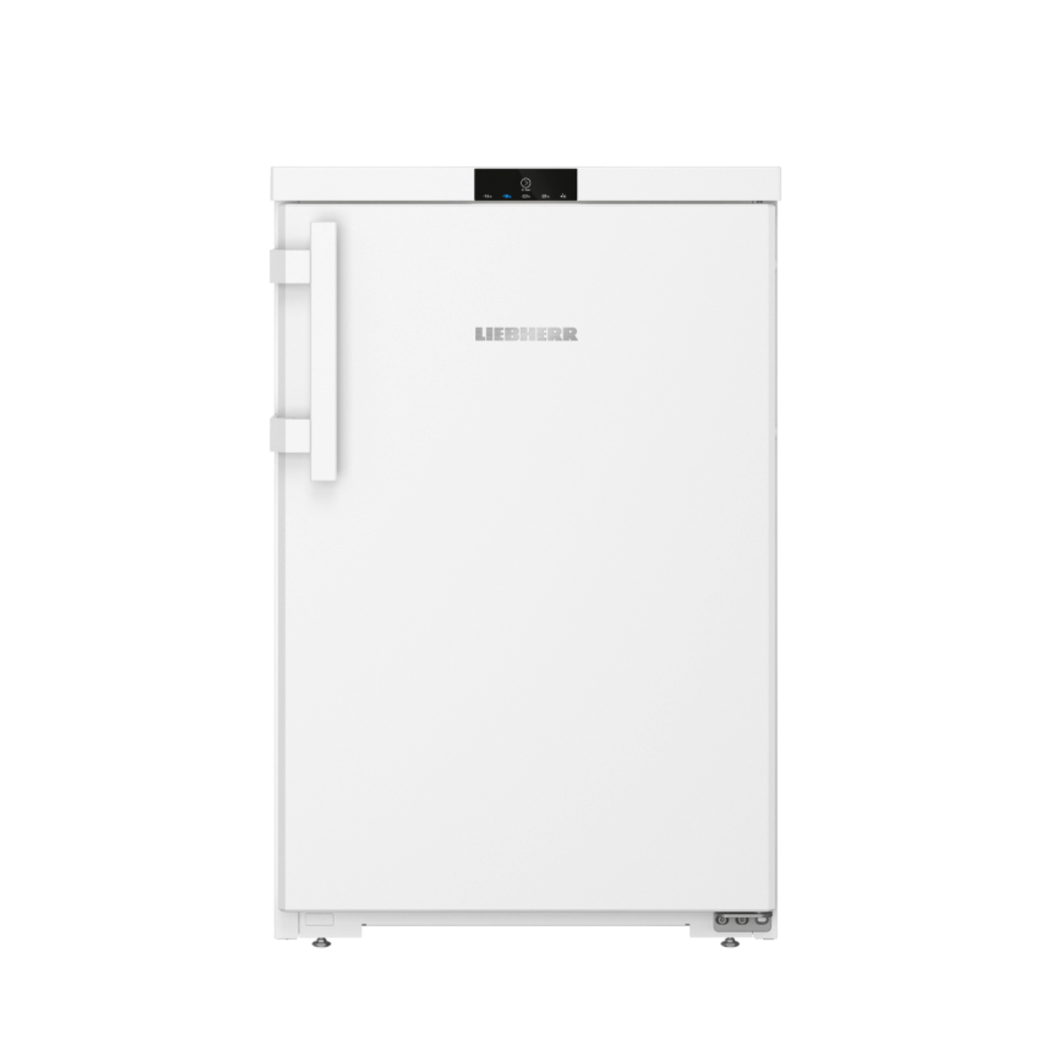 White Liebherr refrigerator. Large door, handle on the left side. Black background.