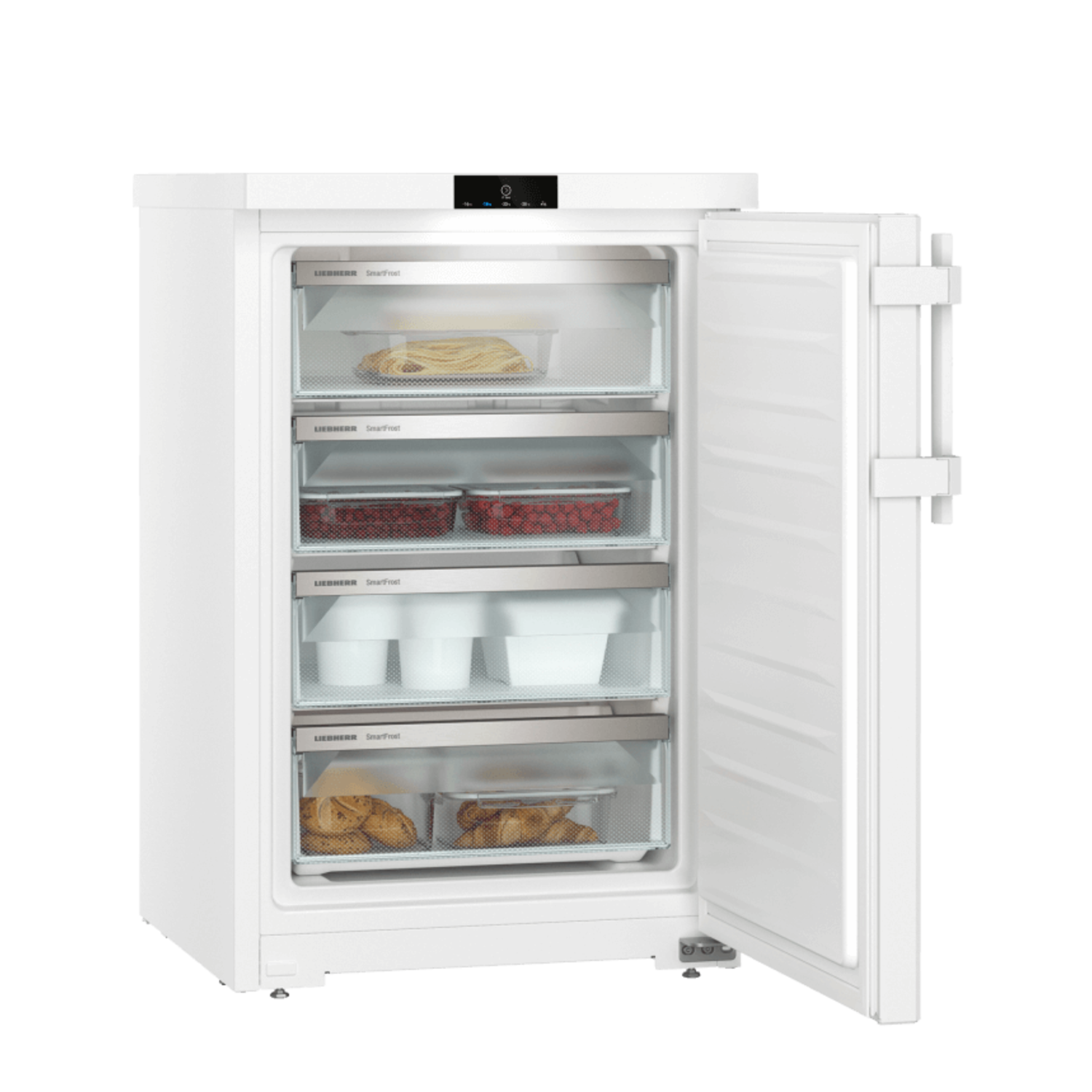 White freezer with open door, revealing drawers filled with food items. Black background.