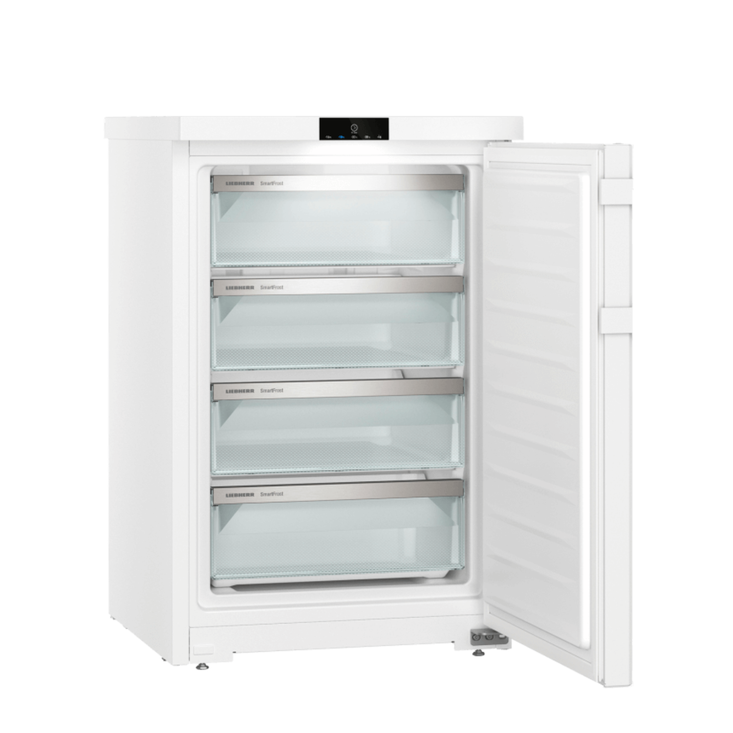 A white refrigerator with open door revealing shelves and transparent drawers.
