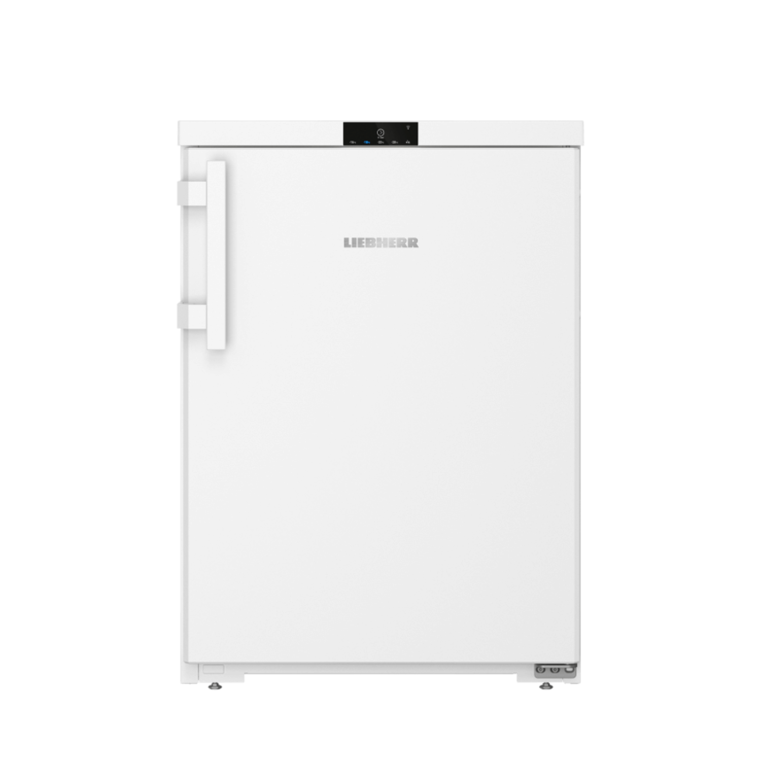 White refrigerator with a white handle and a Liebherr logo on the front panel.