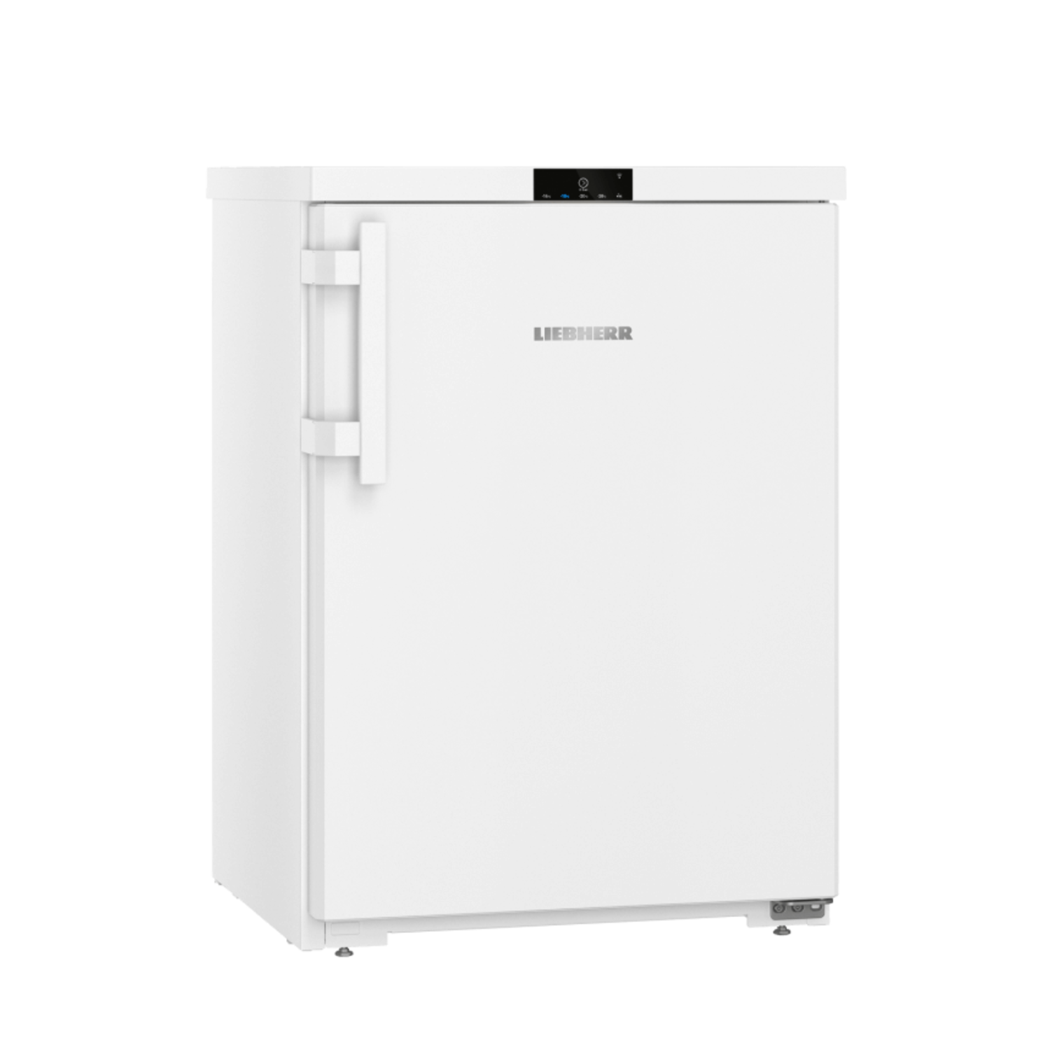 A white Liebherr refrigerator, isolated on a black background.