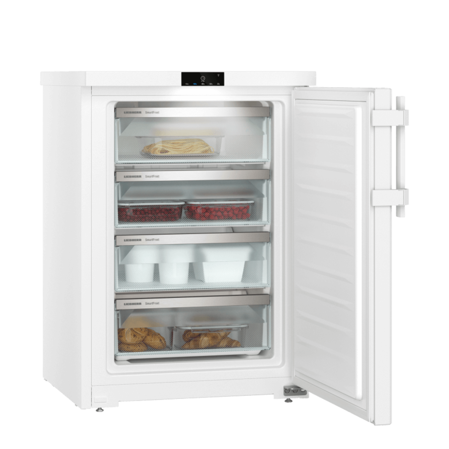 White refrigerator with open door. Inside, there are drawers with food items visible.