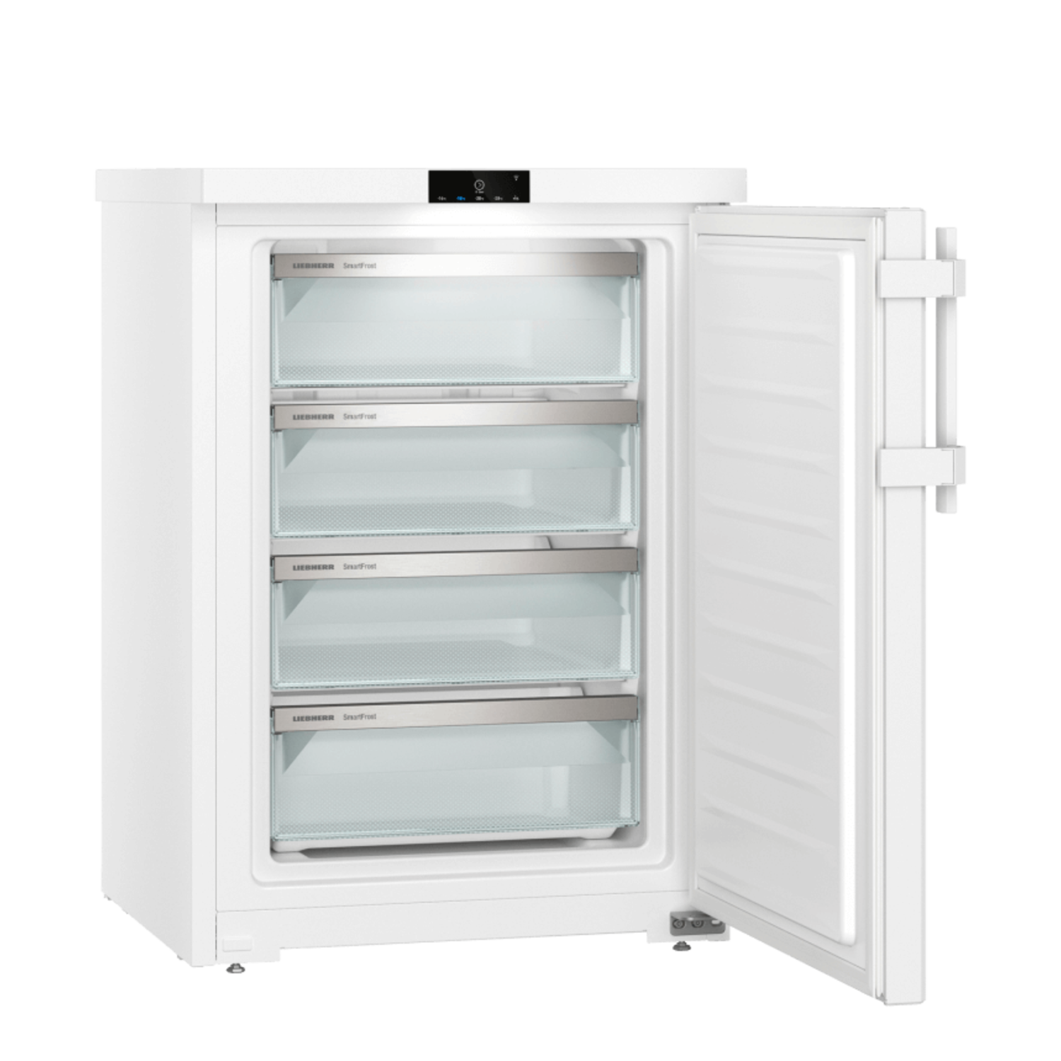 White refrigerator with the door open, revealing shelves and drawers. Black background.