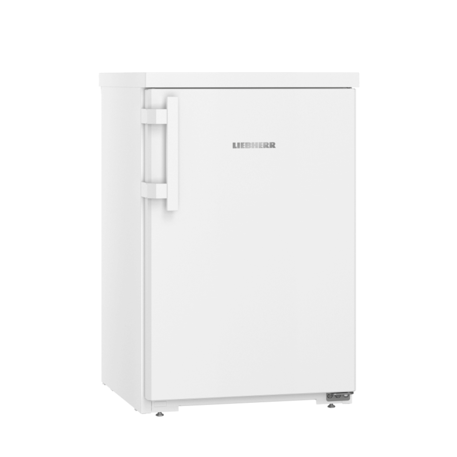 A white Liebherr refrigerator with a closed door on a black background.