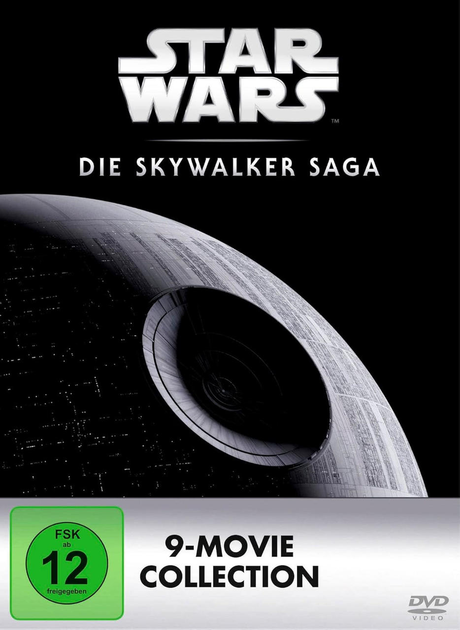 Star Wars DVD-Cover. Todesstern und Text für 'Die Skywalker Saga'. Freigegeben ab 12.