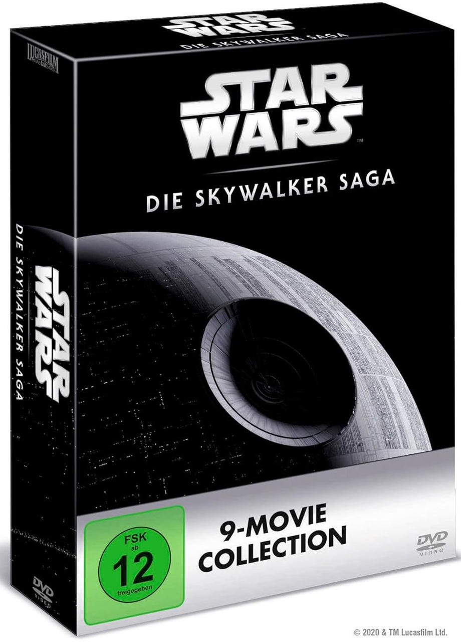 Star Wars: The Skywalker Saga DVD-Box-Set. Schwarze Box mit Logo und Filminformationen.
