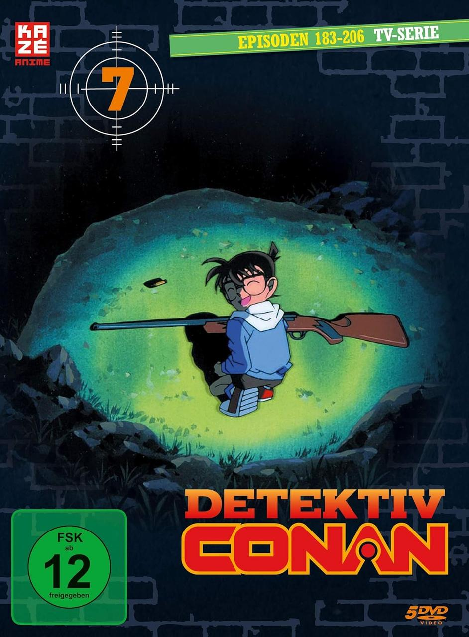 DVD-Cover von 'Detektiv Conan' mit einer Zeichentrickfigur mit Gewehr. Deutscher Text und Bewertung.