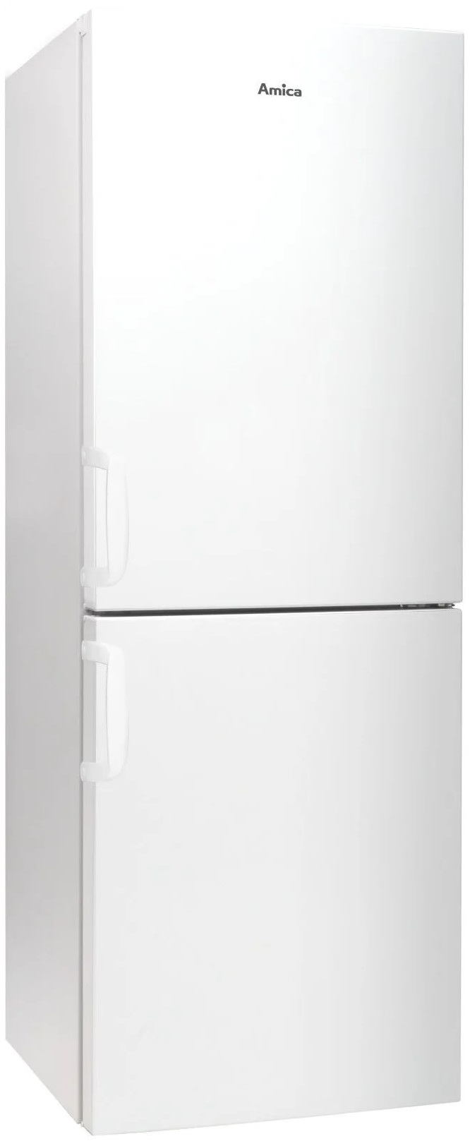 Biała lodówka Amica z otwartymi drzwiami górnymi i dolnymi.