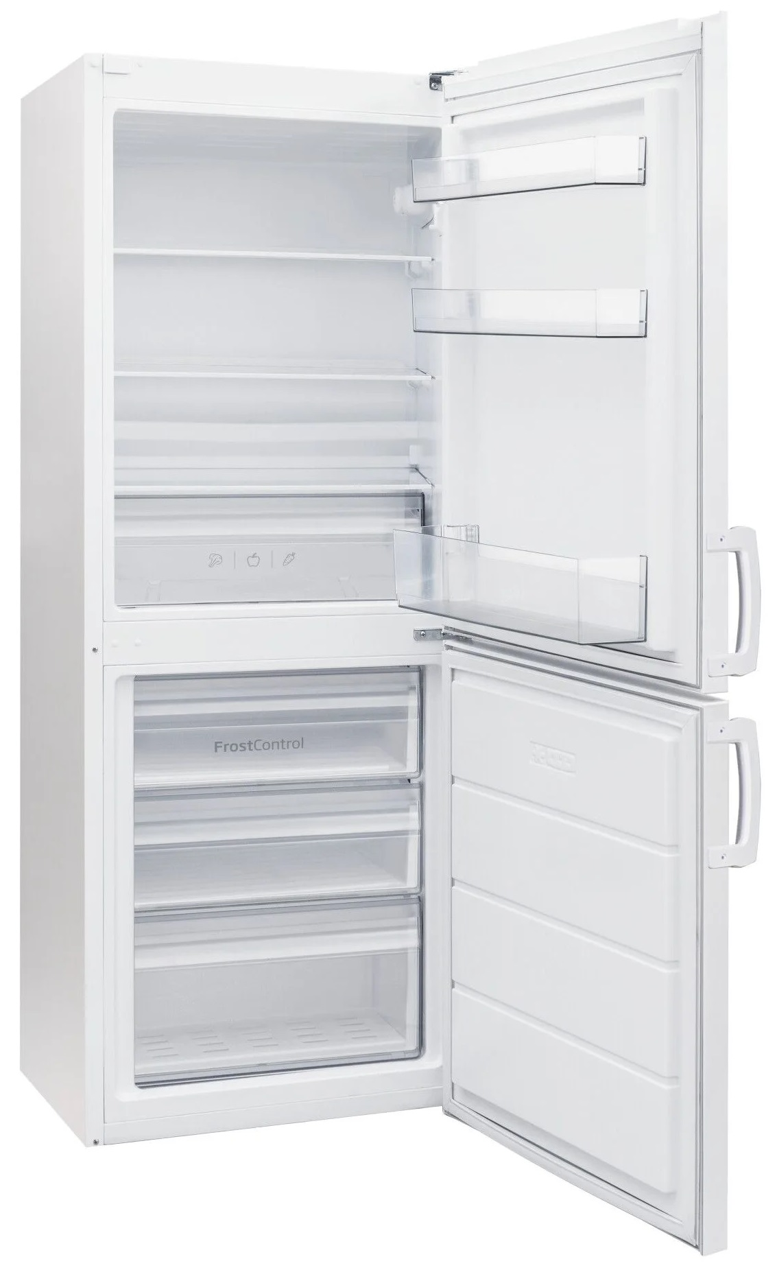 Biała lodówka, otwarte drzwi, pokazujące półki, szuflady i zawartość.