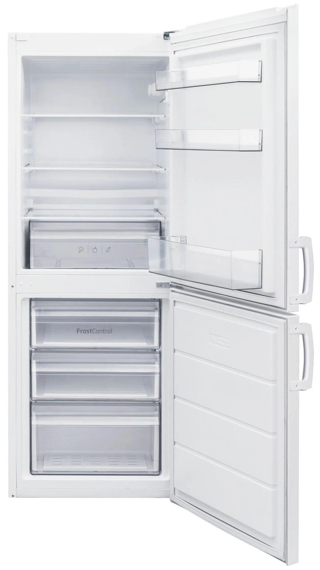 Biała lodówka z otwartymi drzwiami, pokazująca półki i szuflady; pusta w środku.