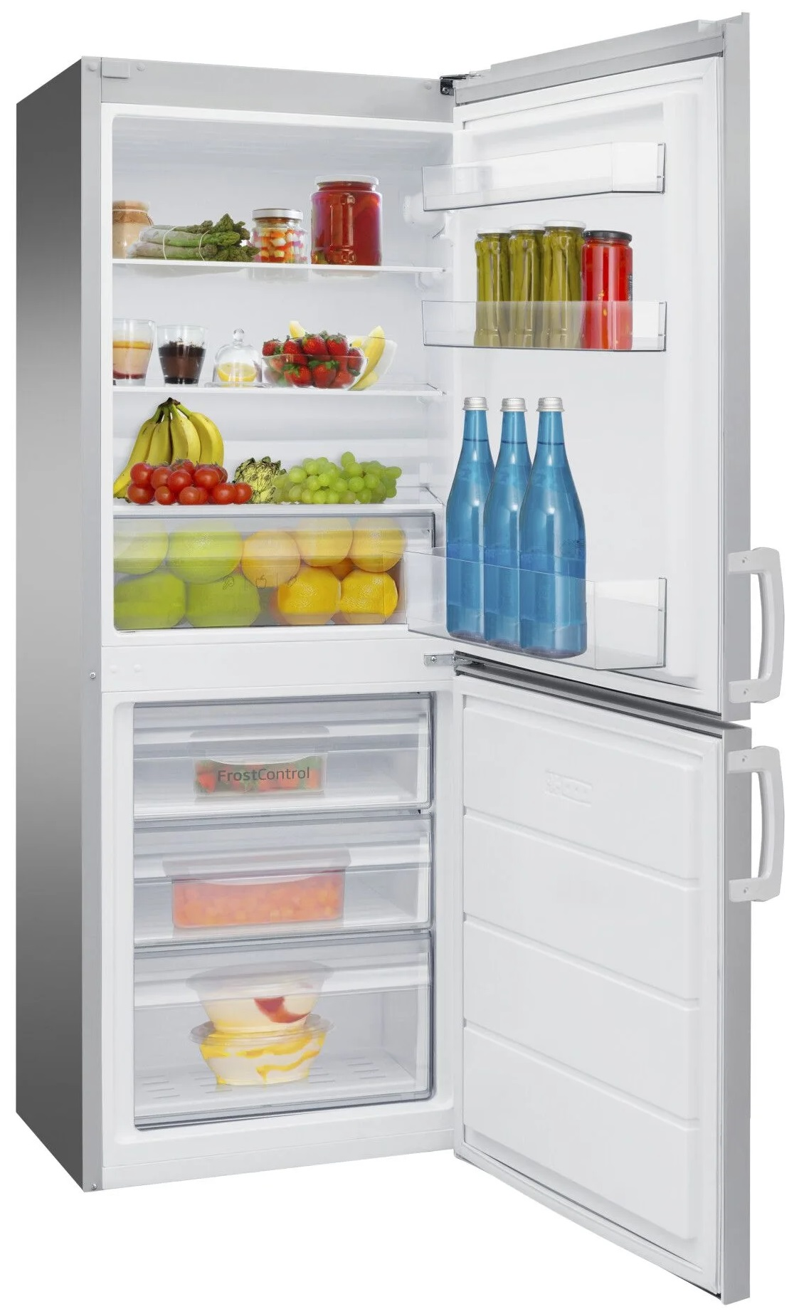 Otwarta lodówka. Produkty spożywcze: butelki, owoce, warzywa, pojemniki. Białe wnętrze.