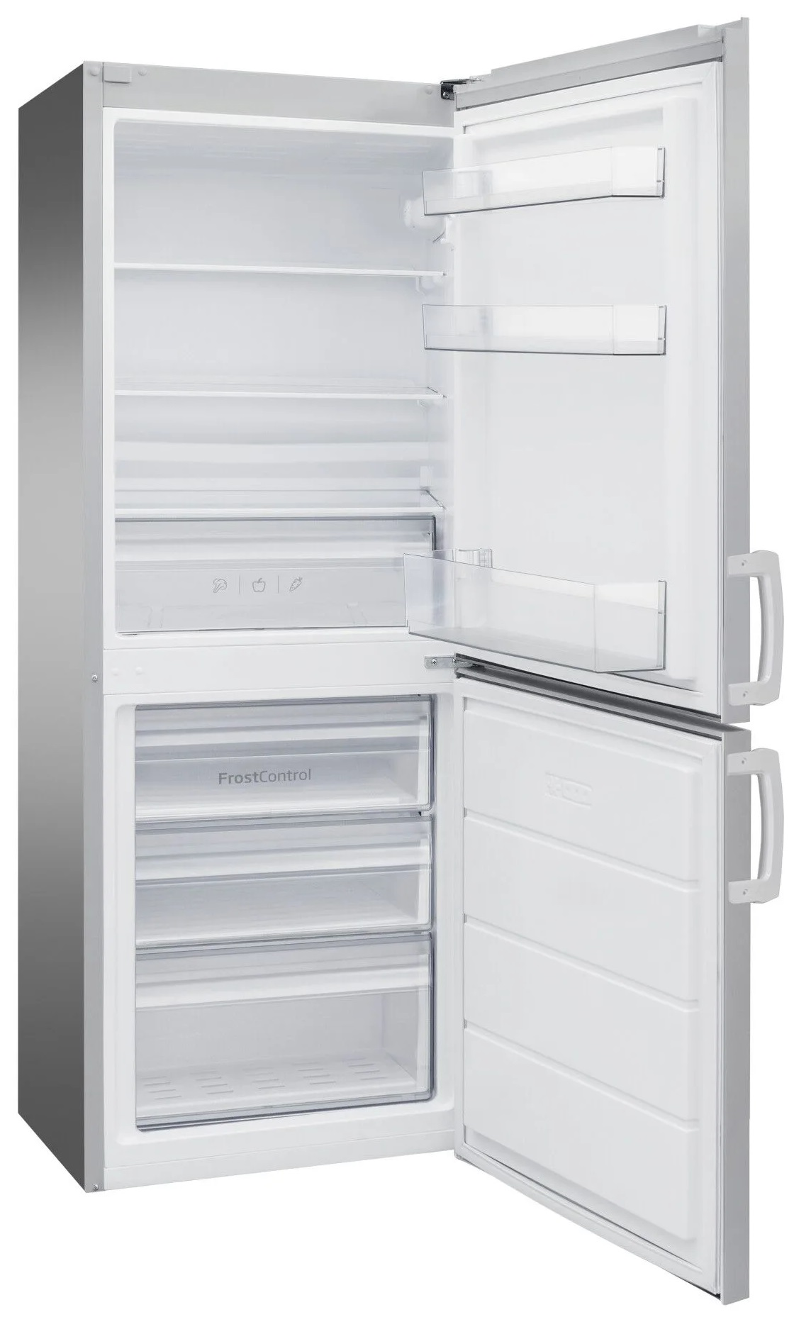 Otwarta srebrna lodówka. Wnętrze ma półki i szuflady, w większości puste. Widoczne uchwyty.