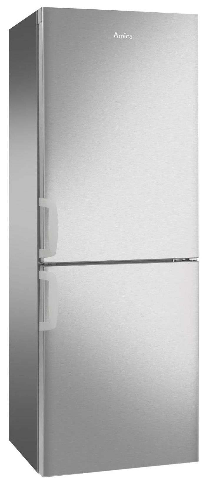 Srebrna lodówka Amica z dwiema drzwiami i białymi uchwytami na białym tle.