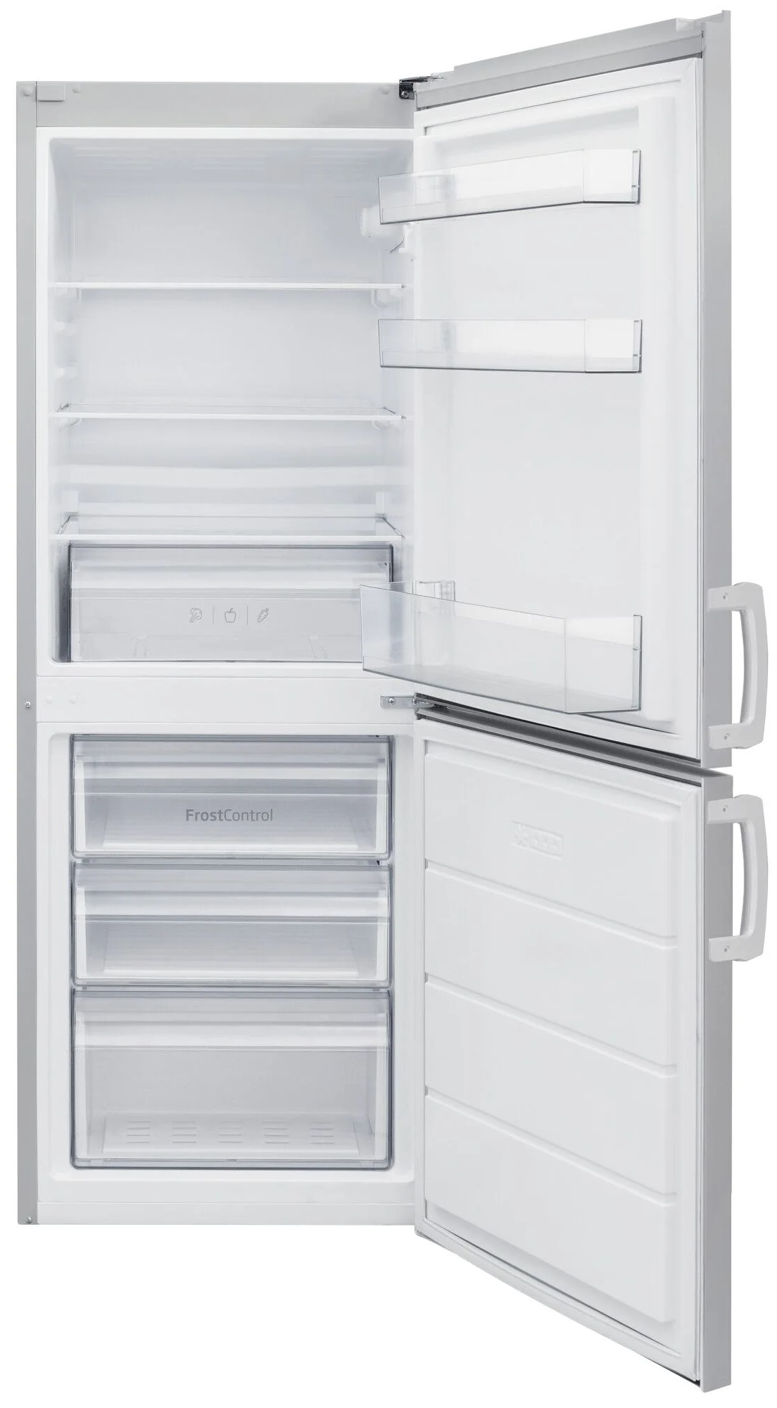 Otwarta srebrna lodówka z zamrażalnikiem na dole. Zawiera półki, szuflady i przezroczysty pojemnik na warzywa.