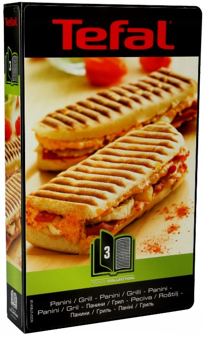Pudełko kolekcji przekąsek Tefal z kanapką panini na przodzie.