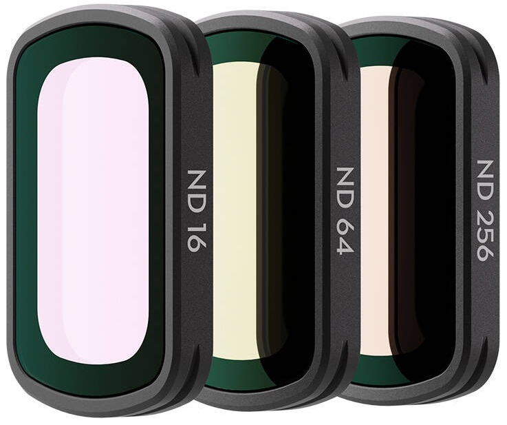 Trzy filtry ND z szarymi ramkami, oznaczone ND 16, ND 64 i ND 256.