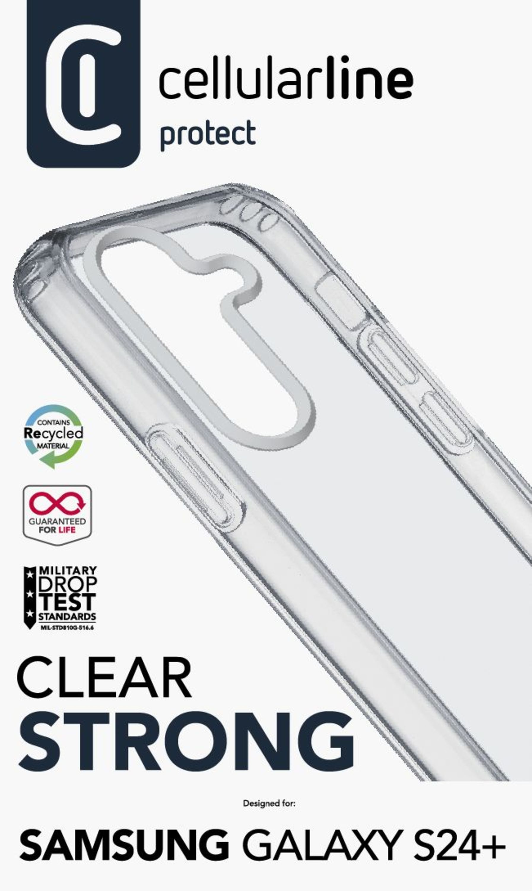 'Clear Strong' metni ve logosu bulunan şeffaf telefon kılıfı.