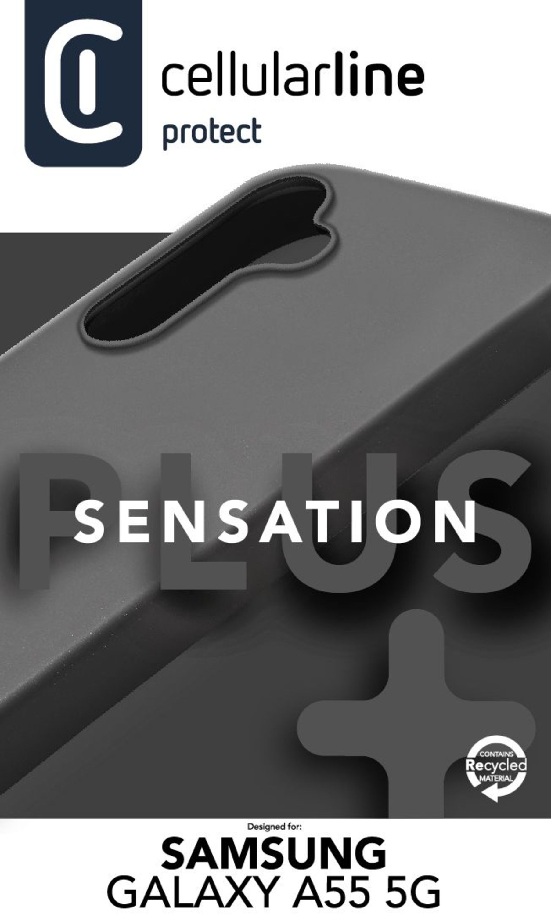 Samsung Galaxy A55 5G için SENSATION kelimesiyle siyah bir telefon kılıfı.