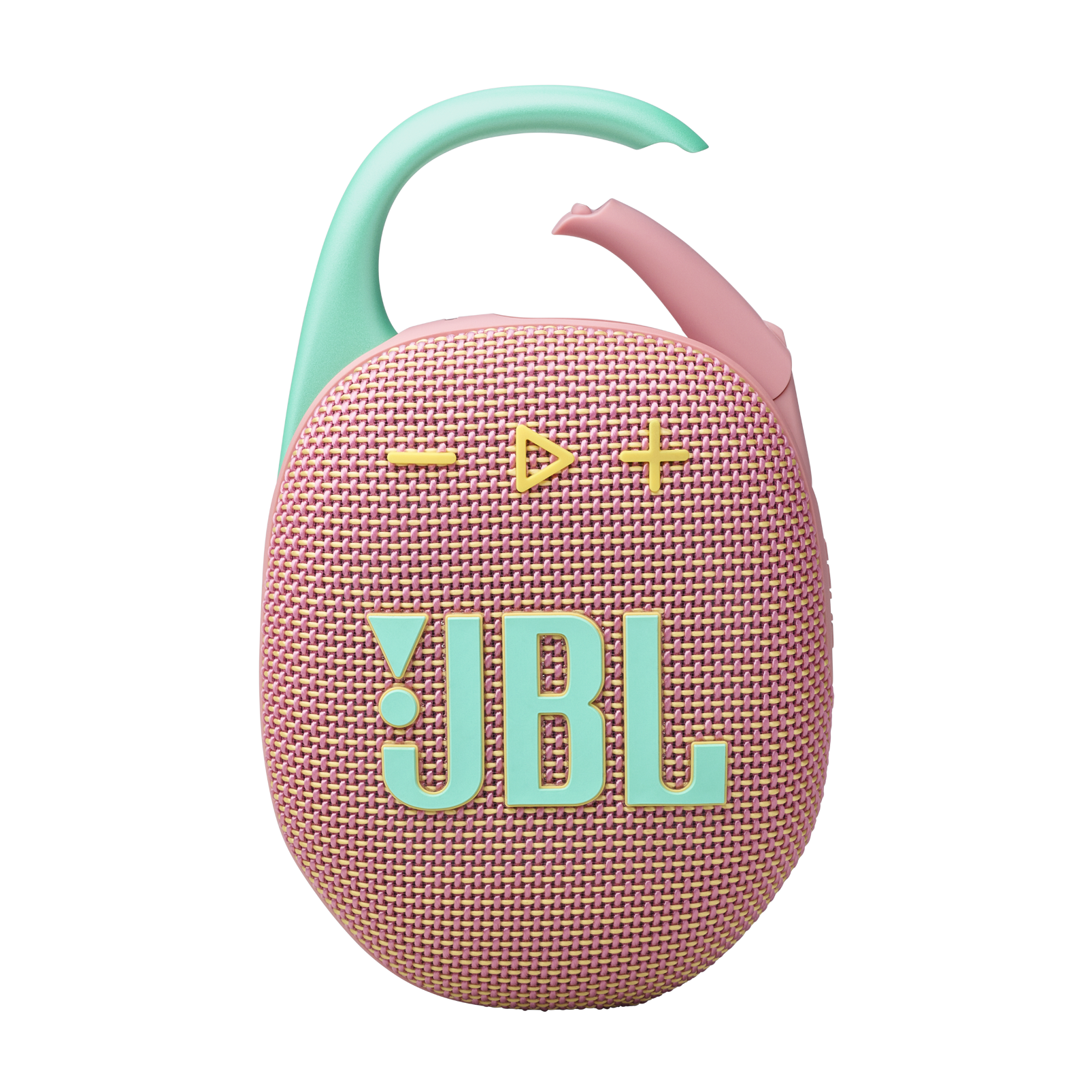 Düğmeleri, karabinası ve JBL logosu olan pembe ve turkuaz JBL Clip hoparlör.