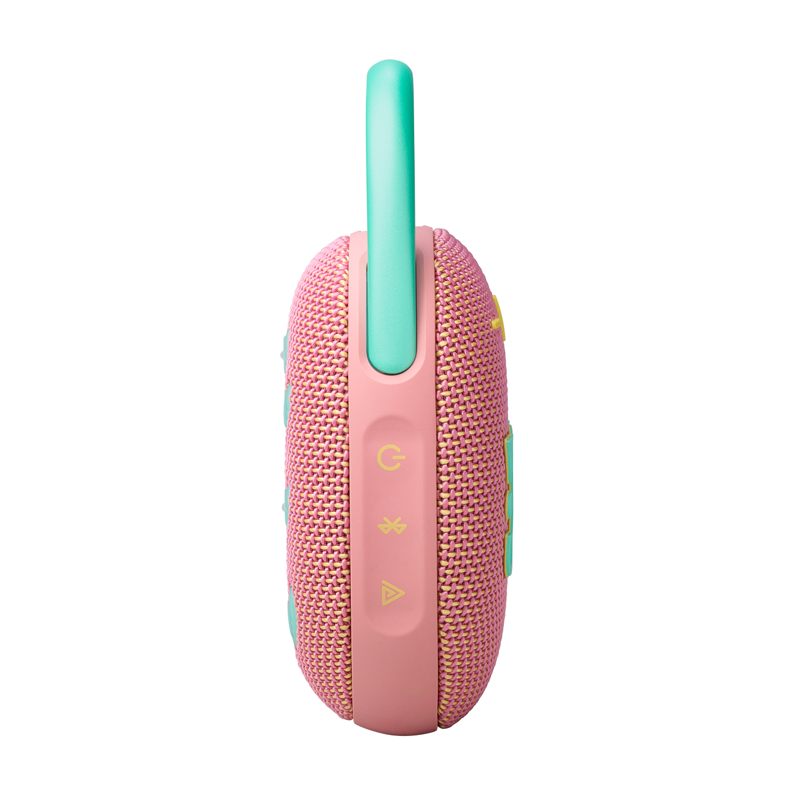 Pembe ve turkuaz kablosuz hoparlör. Yan tarafta kontroller, üstte turkuaz bir tutamak.
