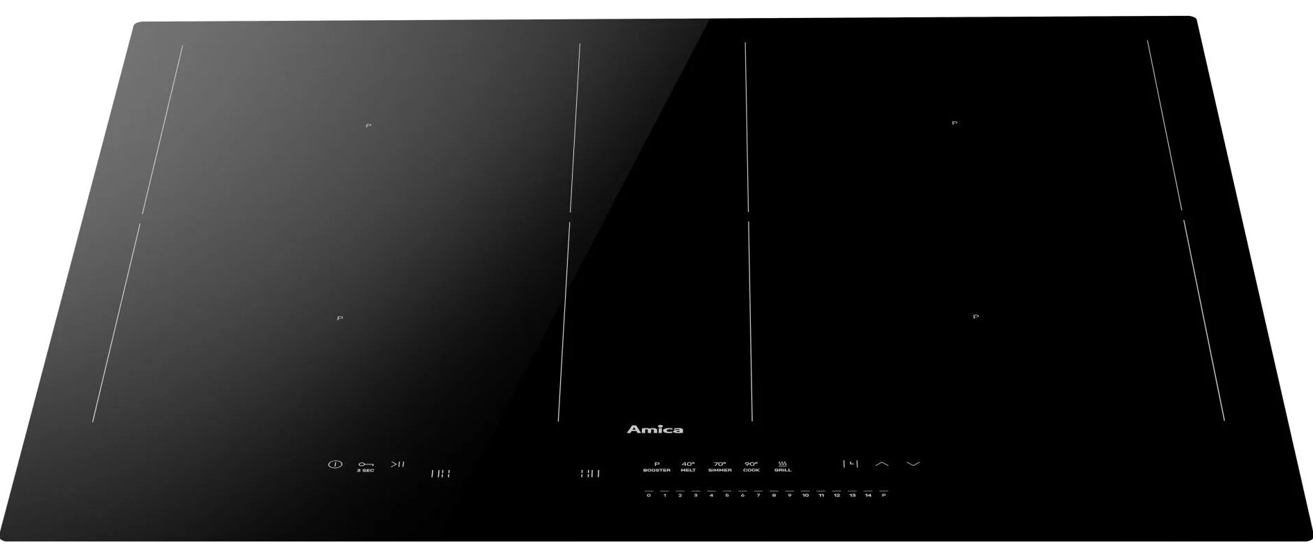 Czarna płyta indukcyjna z czterema strefami gotowania i sterowaniem dotykowym. Widoczna marka Amica.