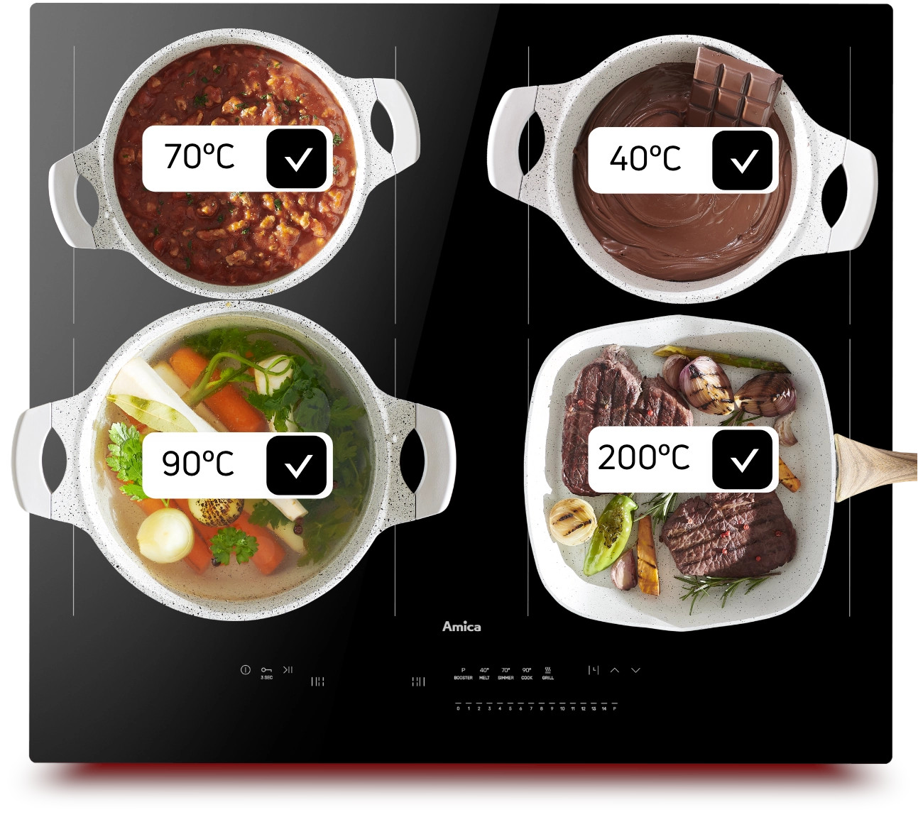 Płyta indukcyjna z czterema garnkami z jedzeniem. Wyświetla temperatury 70, 40, 90 i 200°C.
