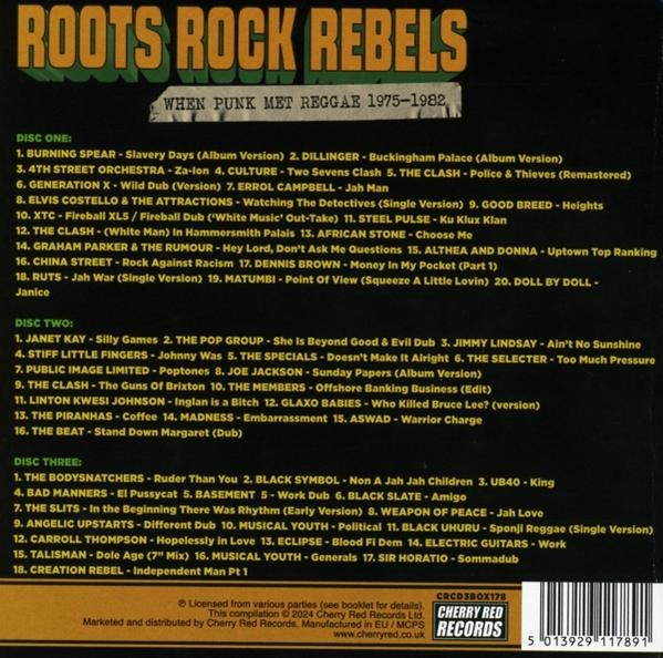 Albumcover mit verschiedenen Texten, darunter "ROOTS ROCK REBELS" und eine Titelliste.