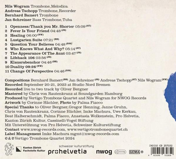 Ein CD-Cover mit Text. Es enthält eine Liste von Songs und Credits für ein Album des Nils Wogram Trombone Quartet.