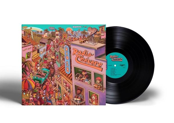 Albumcover und Vinyl-Schallplatte. Das Cover hat eine farbenfrohe Illustration einer Stadtszene. Die Platte ist schwarz.