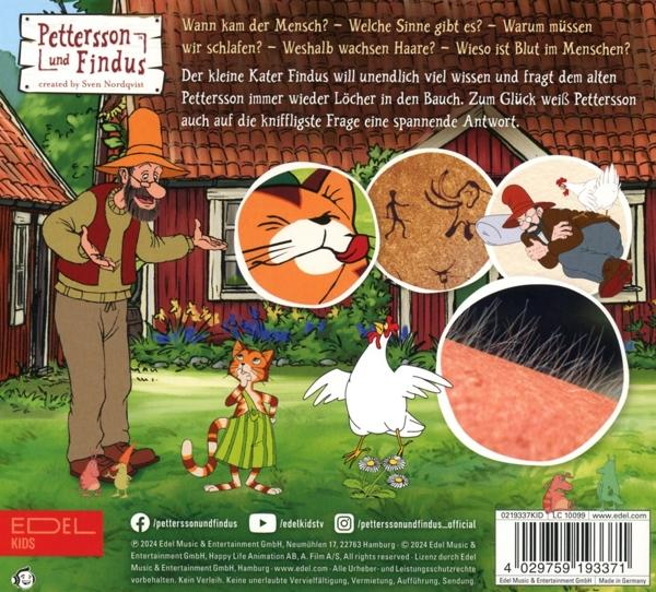 Illustration aus einem Kinderbuch. Links ein Mann und eine Katze, rechts Illustrationen.
