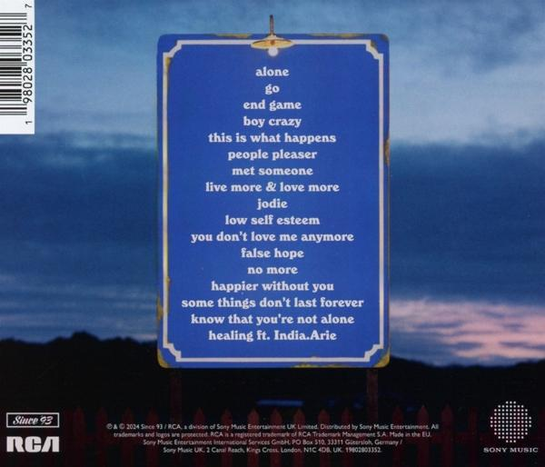 Albumcover mit Songtiteln auf blauem Schild vor Nachthimmel.