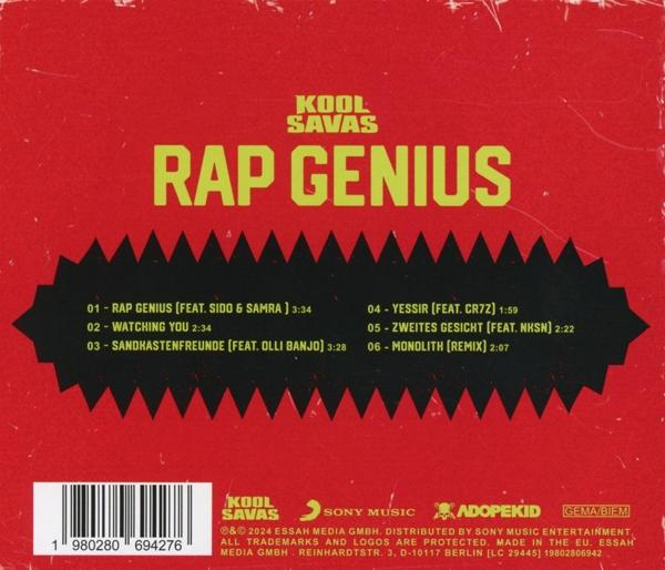 Albumcover mit Text. Roter Hintergrund mit schwarzem Text und Titelliste. Kool Savas Logo.