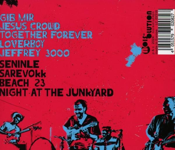 Roter Hintergrund mit blauem Text. Listet Songtitel und Bandmitglieder auf. Musikalbum-Artwork.