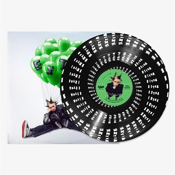 Albumcover mit Person mit Irokesenschnitt und Ballons. Schwarz-weiße Vinyl-Schallplatte.