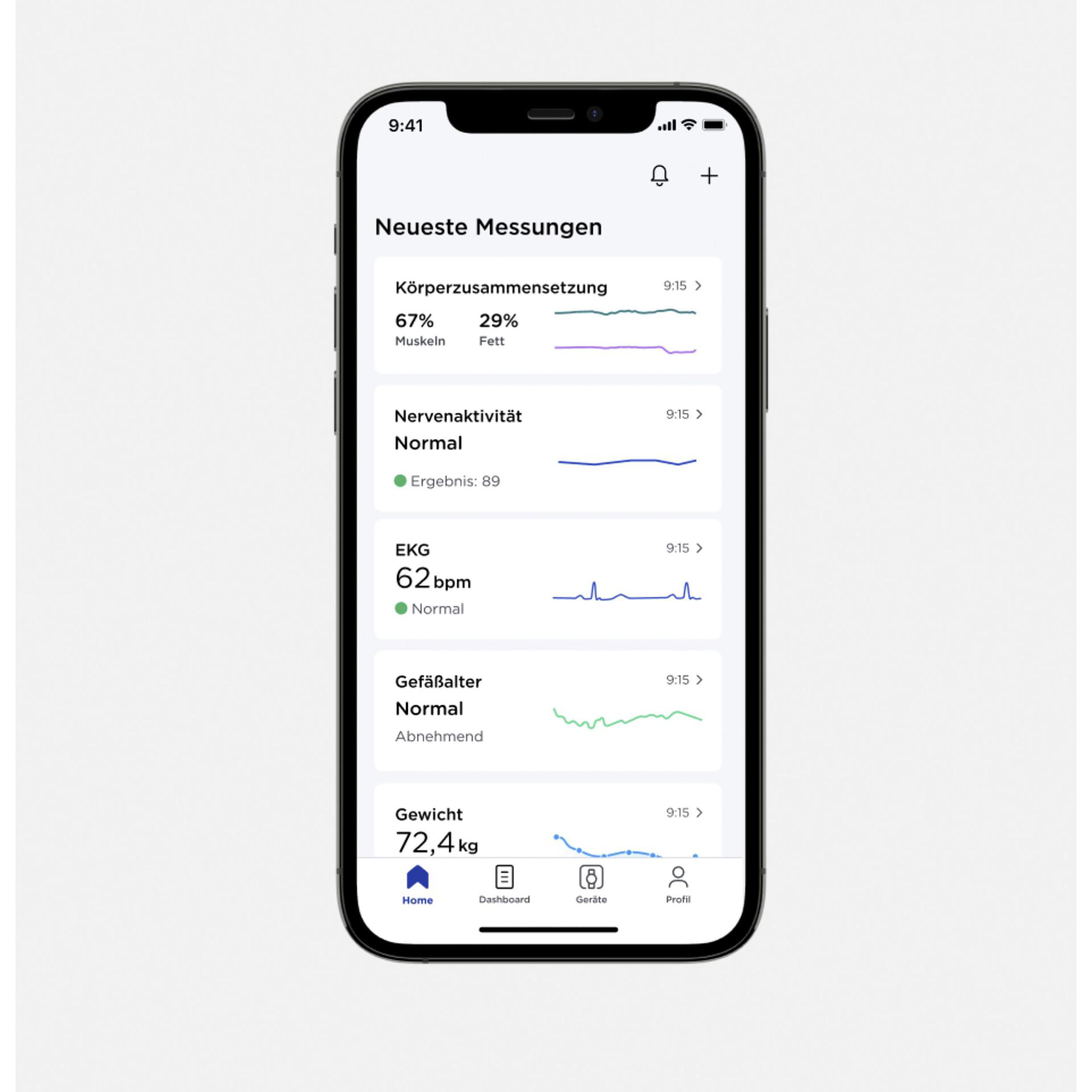 Smartphone-Bildschirm mit Gesundheitsmetriken: Körperzusammensetzung, Nervenaktivität, EKG usw.