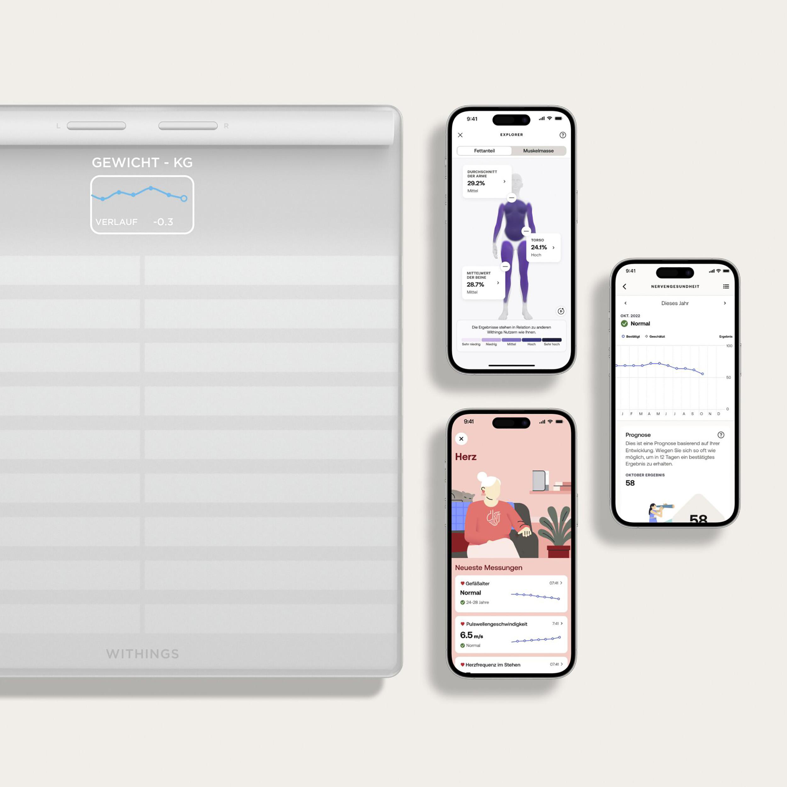 Eine Smart-Waage und drei Telefonbildschirme mit Gesundheitsmetriken und Grafiken.