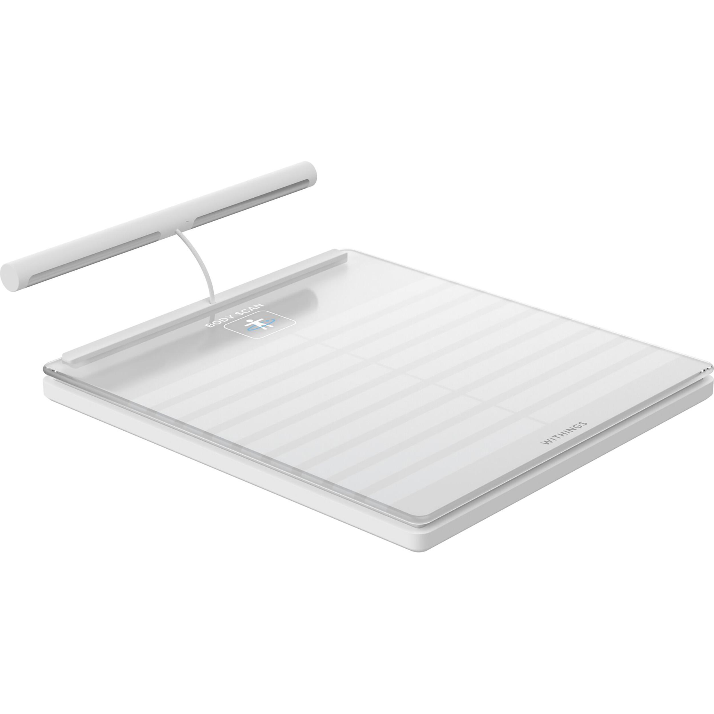 Eine weiße Smart-Waage mit Display und Griff. Die Marke ist Withings.