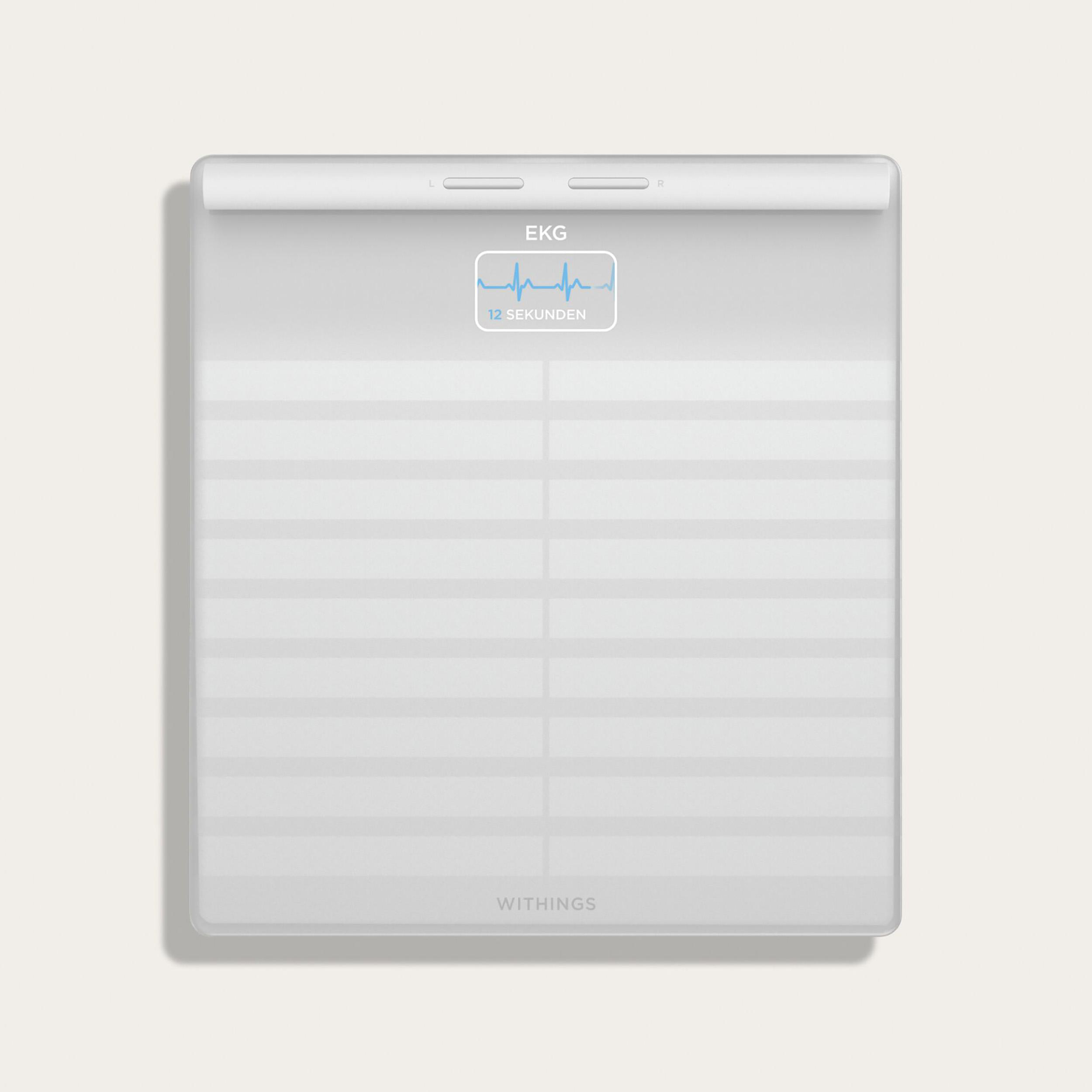 Weißes medizinisches Gerät mit einem Bildschirm, der ein EKG-Diagramm zeigt. Text: '12 Sekunden'.
