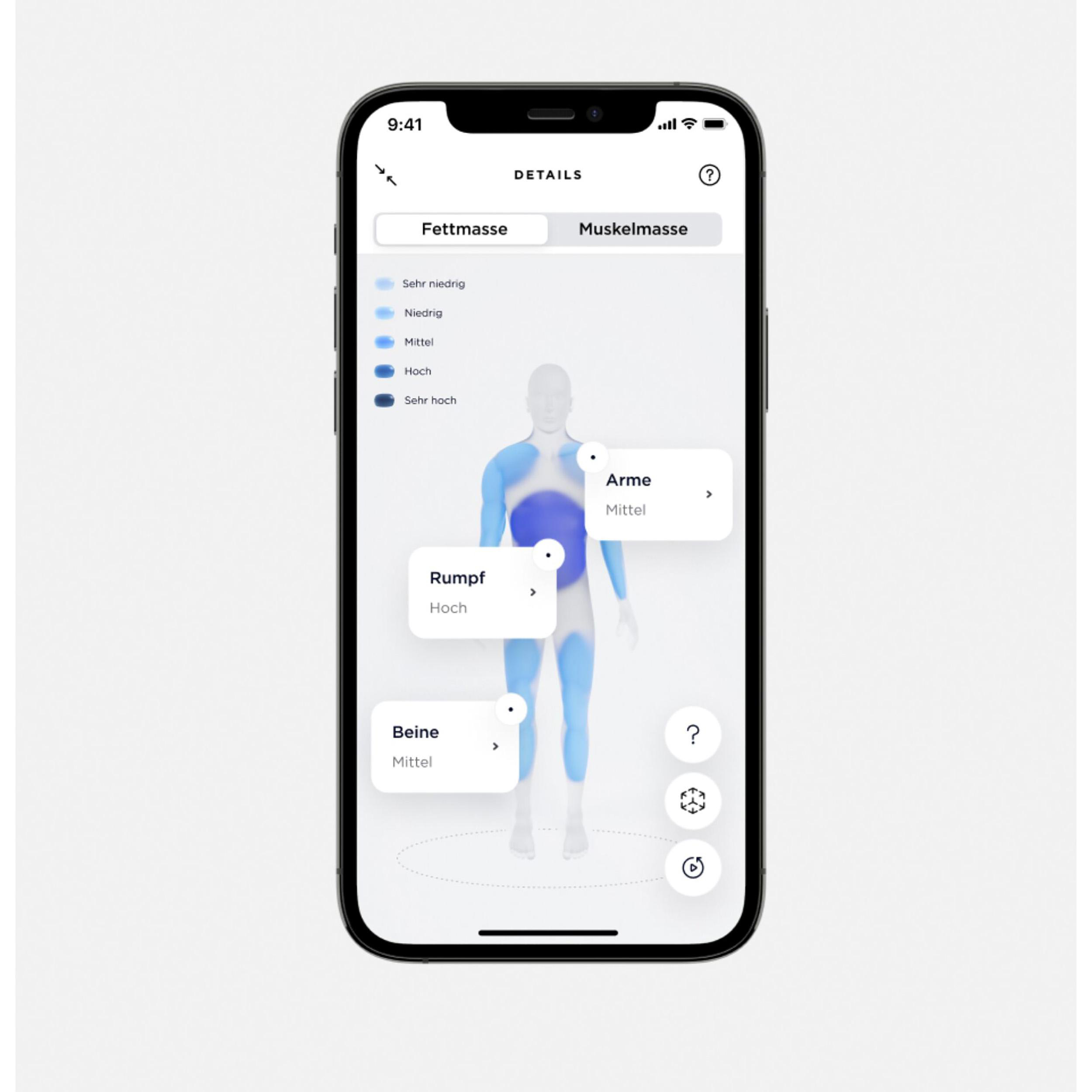 Ein Smartphone-Bildschirm, der eine Körperzusammensetzungsanalyse mit Details anzeigt.