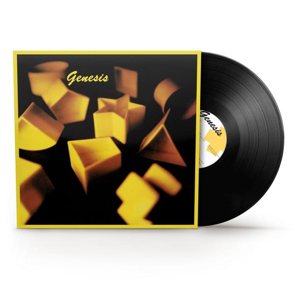Albumcover von Genesis, schwarzer Hintergrund mit gelben geometrischen Formen und einer Vinyl-Schallplatte.