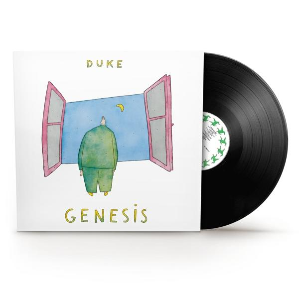 Genesis 'Duke' Albumcover. Das Album zeigt eine Cartoonfigur, die aus einem offenen Fenster blickt.