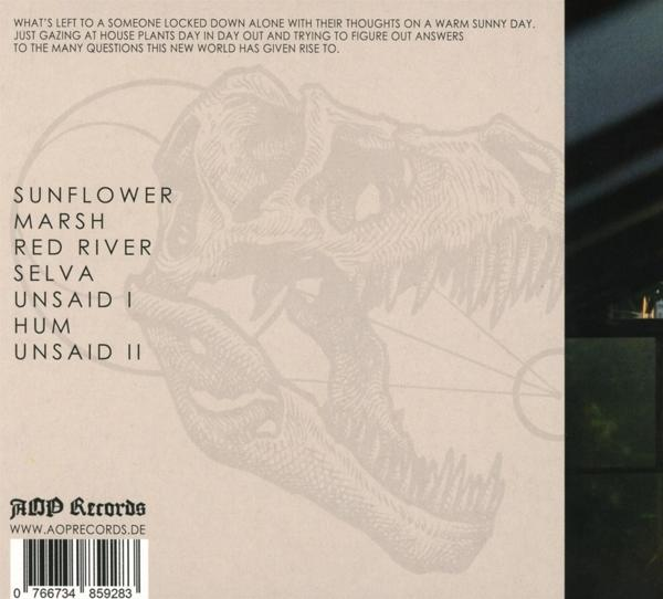 CD-Rückseite mit Text, Dinosaurier-Umriss.