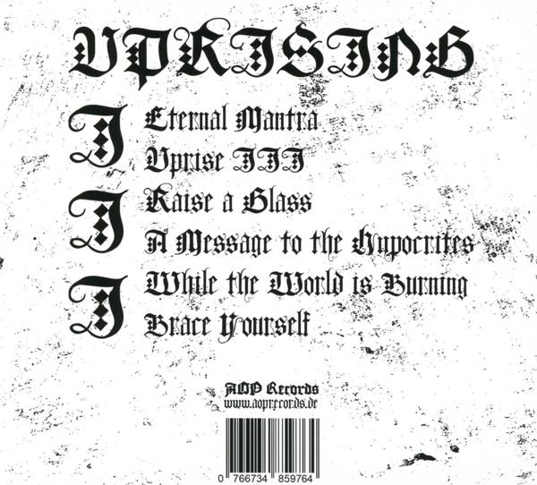 Albumcover mit Text: Uprising und einer Titelliste. Der Hintergrund ist strukturiert.