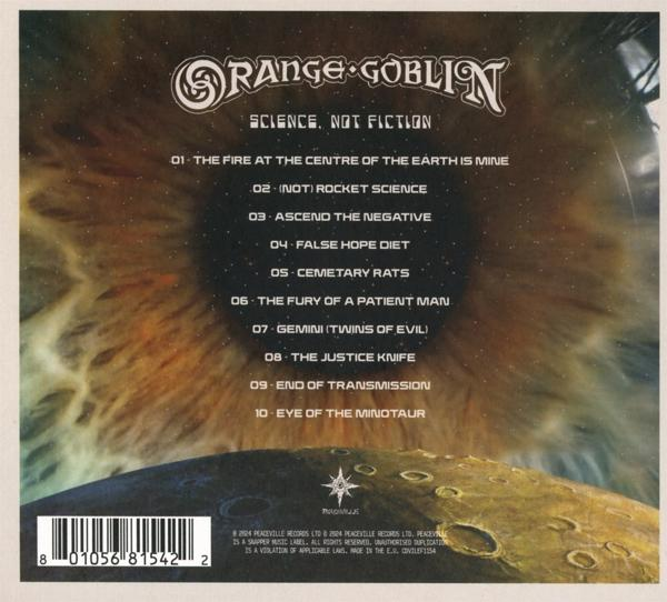 Die Rückseite einer Orange Goblin Musik-CD mit Titelliste. Ein Planet und ein Mond sind im Hintergrund.